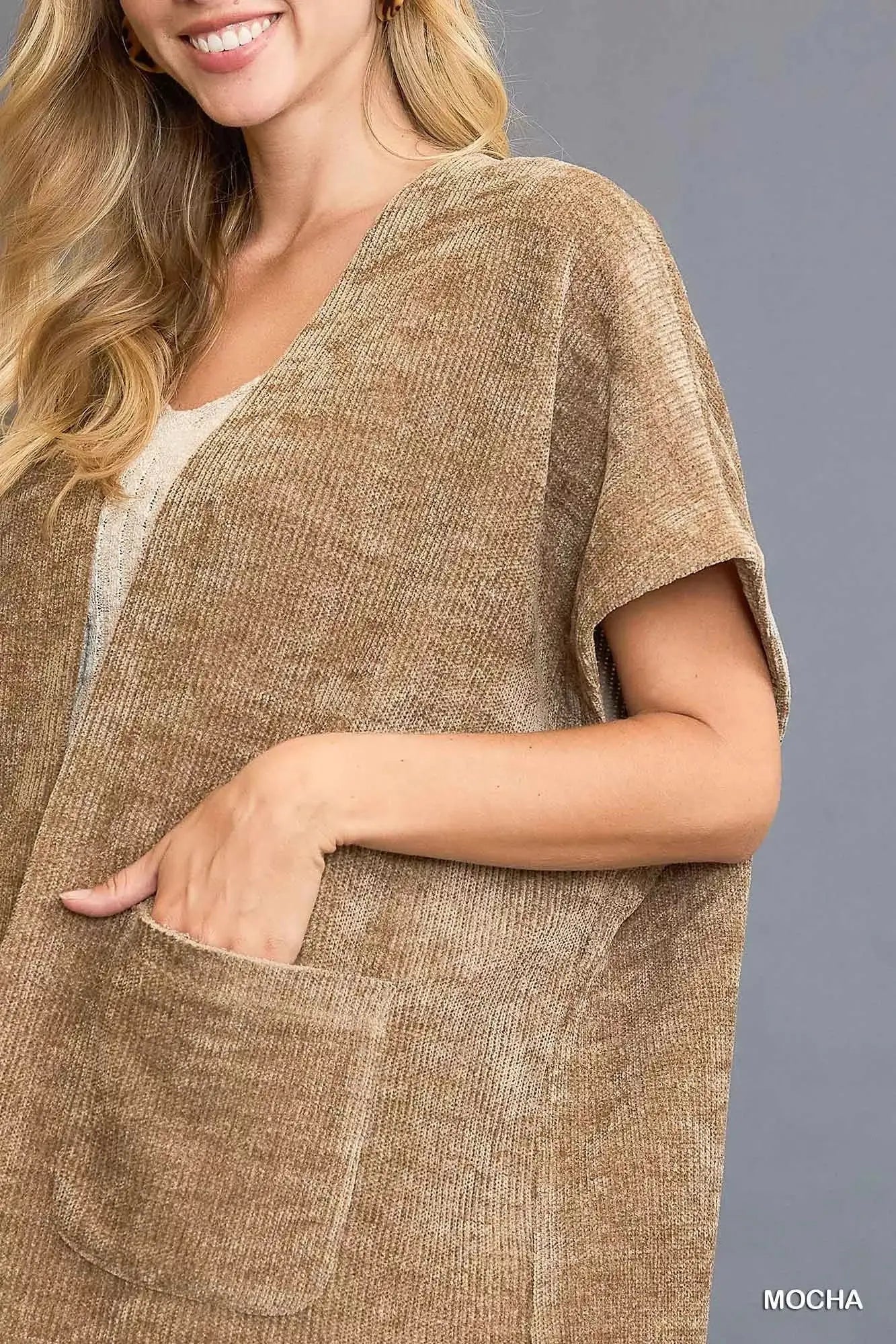 Umgee Open Front Knit Cardigan with Front Pockets
