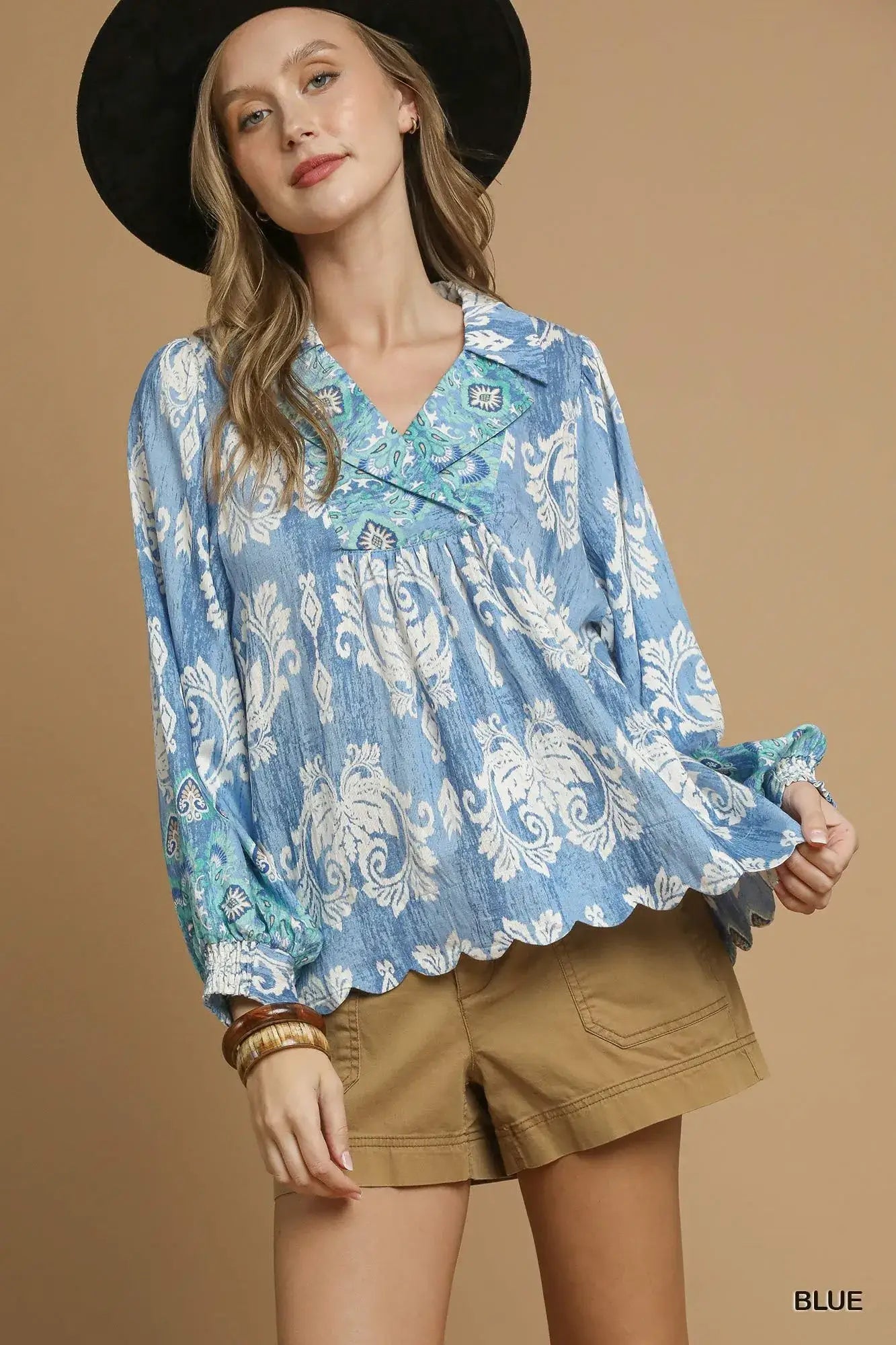 Umgee Printed Long Sleeve Blouse - Blue / S