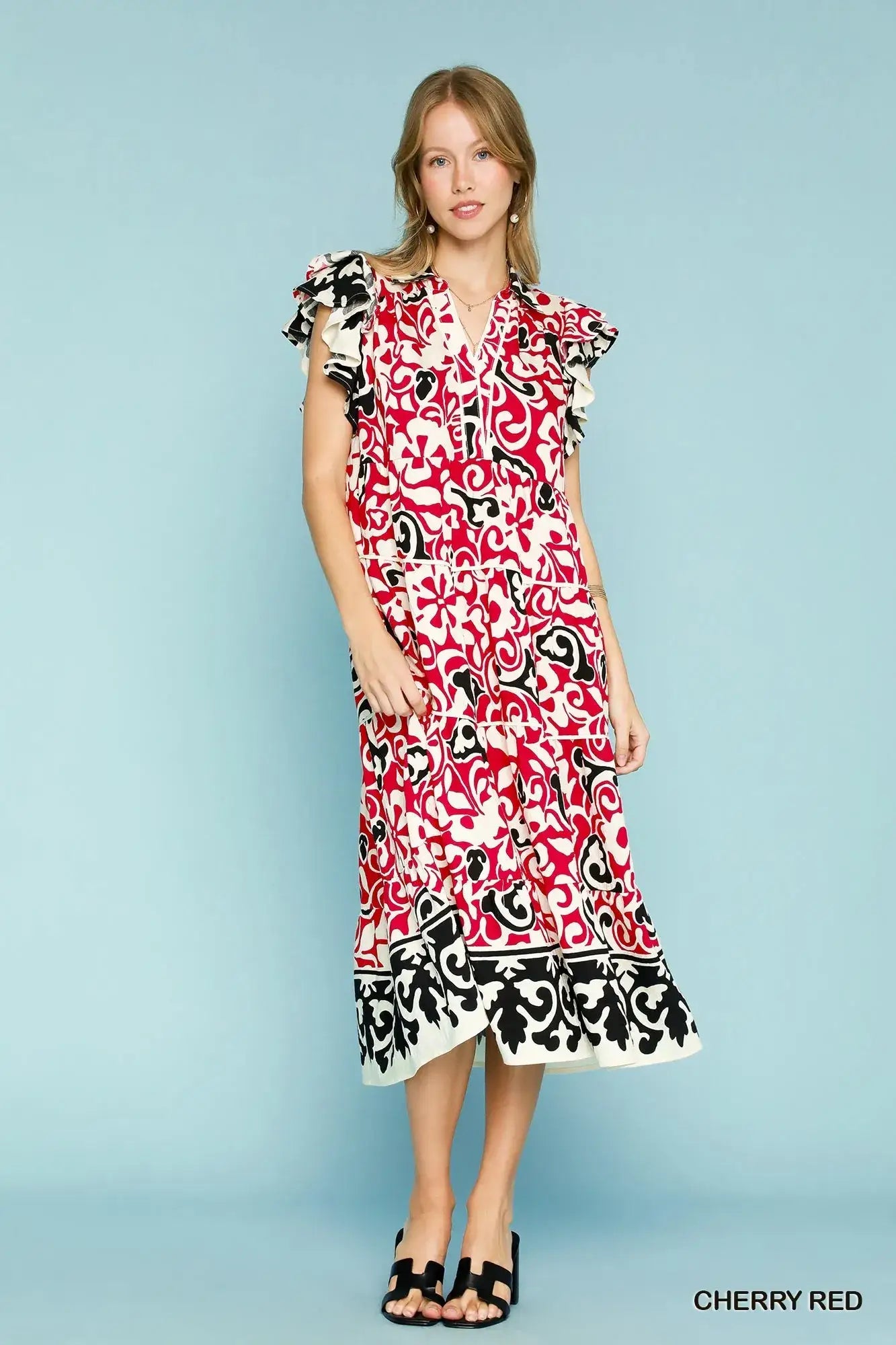Umgee Printed Ruffled Cap Sleeve Midi Dress - Midi Dress