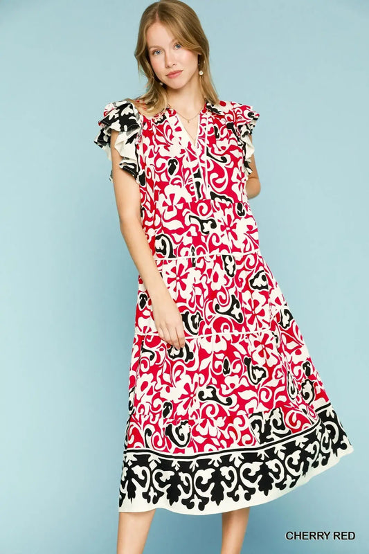 Umgee Printed Ruffled Cap Sleeve Midi Dress - CHERRY RED / S - Midi Dress