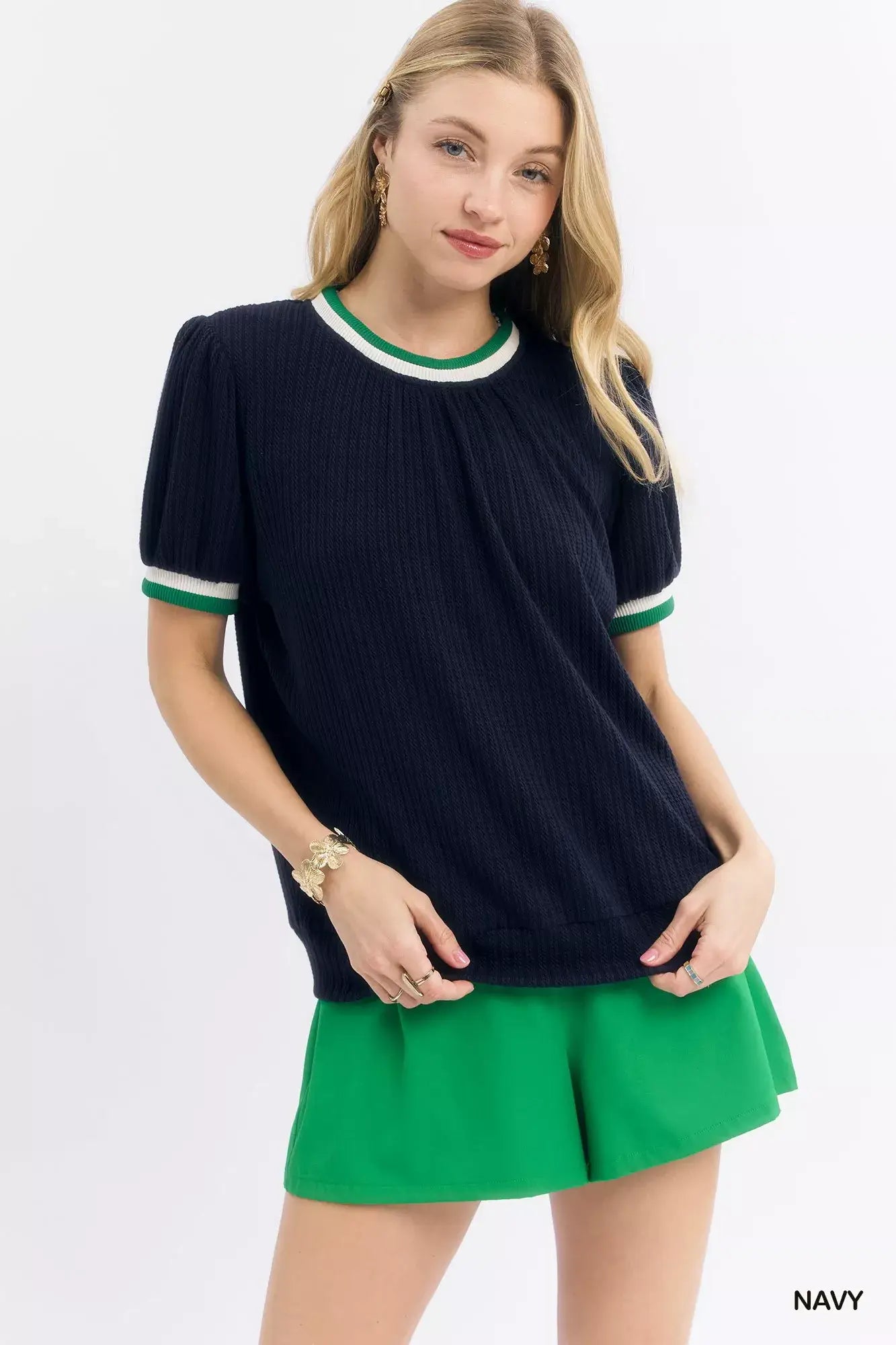 Umgee Puff Sleeve Knit Top with Contrast Rib Trim - NAVY / S