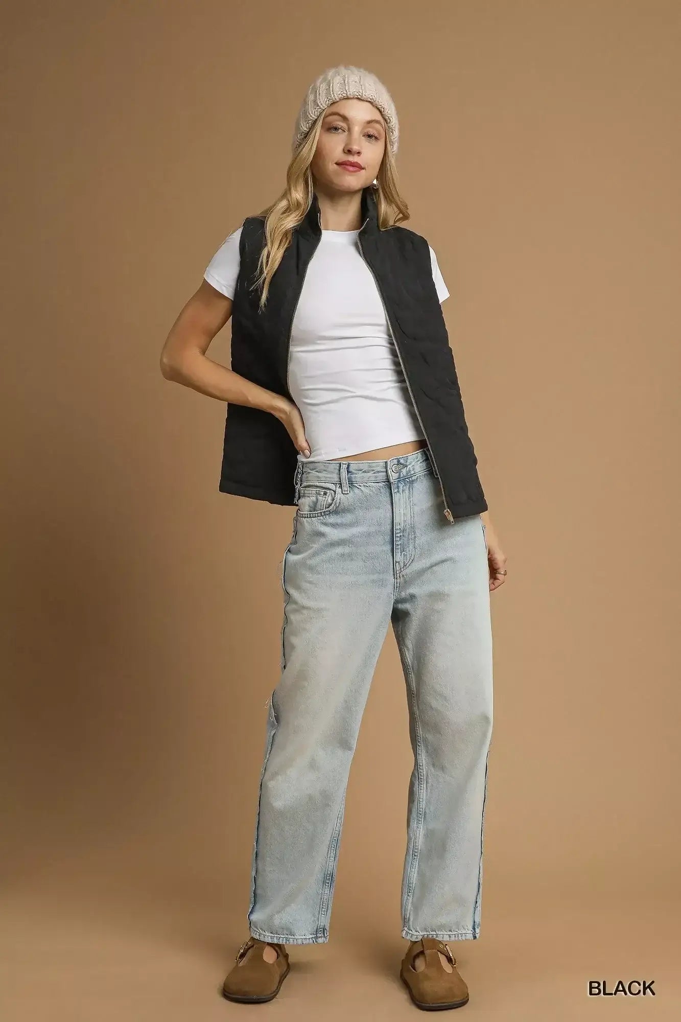 Umgee Quilted Floral Zip Up Vest with Pockets - Floral Zip Up Vest with Pockets