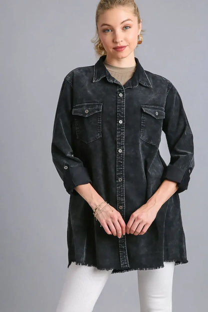 Umgee Raw Hem Button Down Denim Jacket with Chest Pockets - Black / S