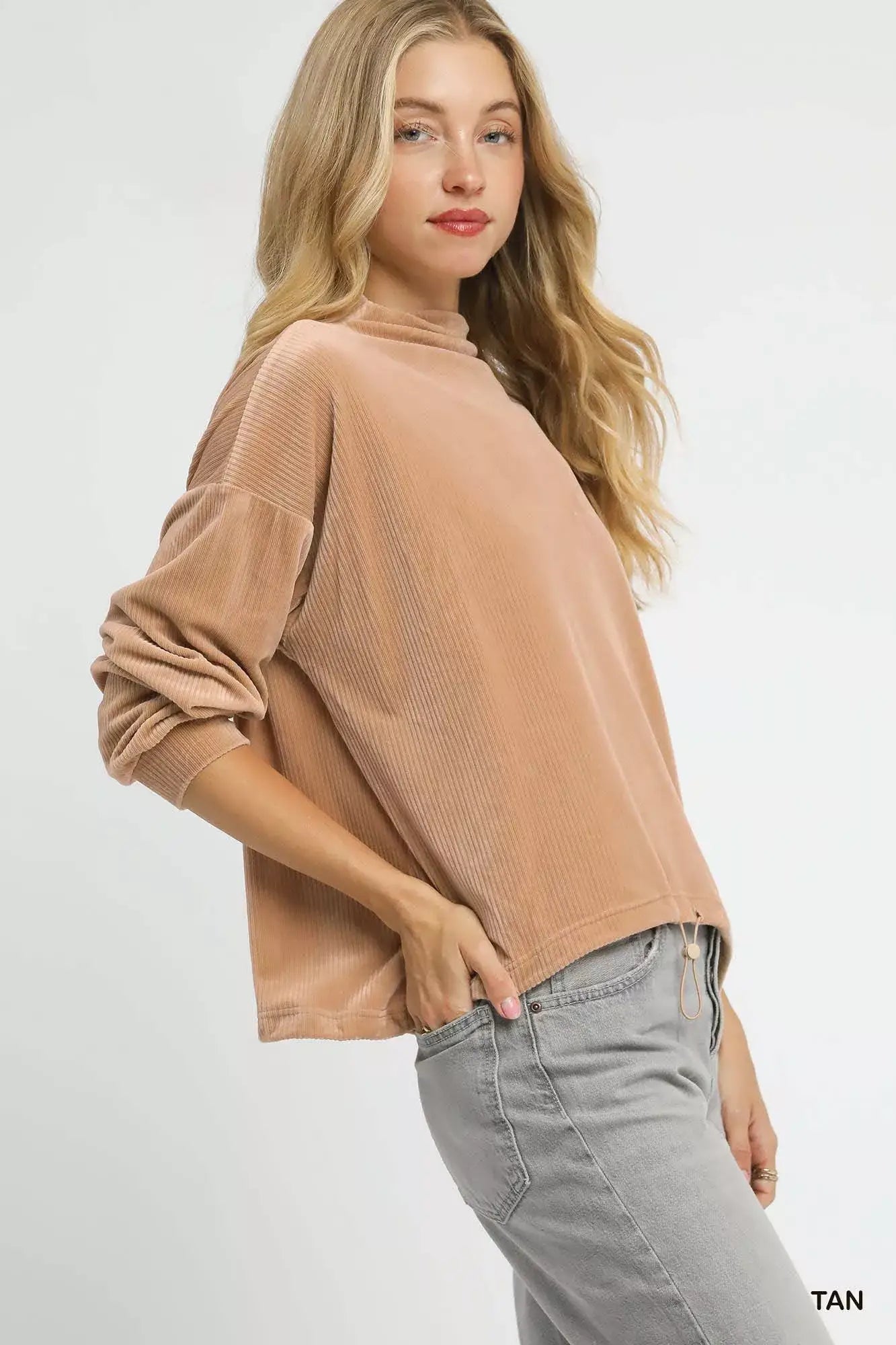 Umgee Ribbed Drawstring Hem Knit Top