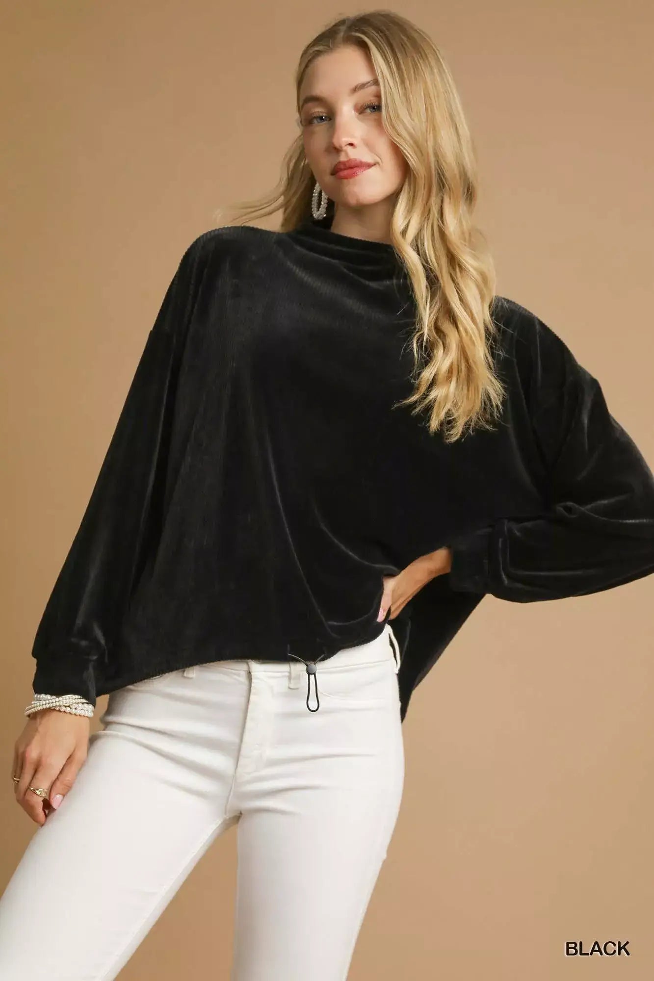 Umgee Ribbed Drawstring Hem Knit Top - Black / XS - Hem Knit Top