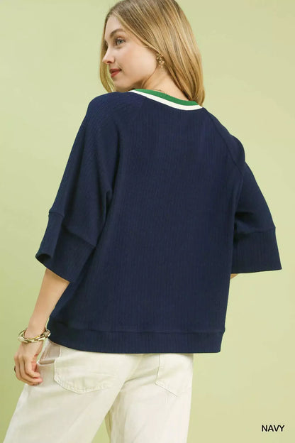 Umgee Ribbed Knit Top with Contrast Trim - Knit Top with Contrast Trim