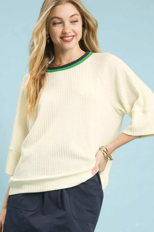 Umgee Ribbed Knit Top with Contrast Trim - ECRU / S - Knit Top with Contrast Trim