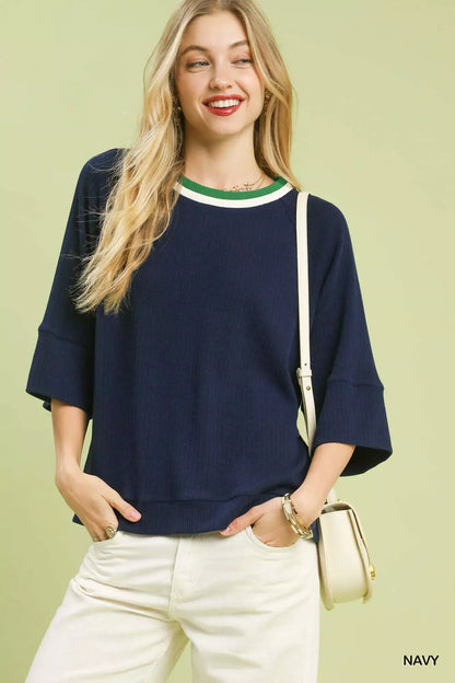 Umgee Ribbed Knit Top with Contrast Trim - NAVY / S - Knit Top with Contrast Trim