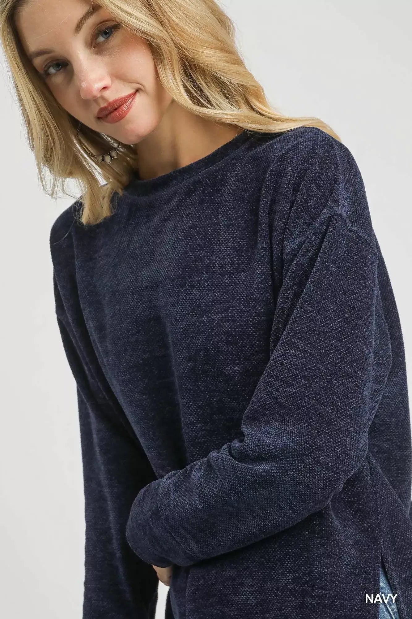 Umgee Round Neck Long Sleeve Side Slit Top - Long Sleeve Side Slit Top