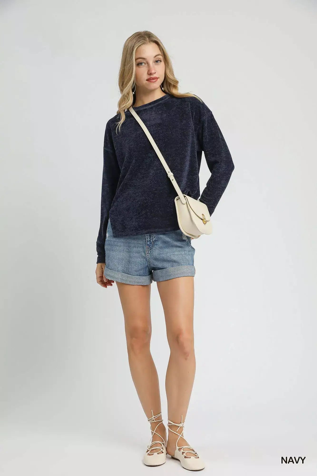 Umgee Round Neck Long Sleeve Side Slit Top - Long Sleeve Side Slit Top