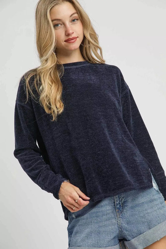 Umgee Round Neck Long Sleeve Side Slit Top - Navy / XS - Long Sleeve Side Slit Top