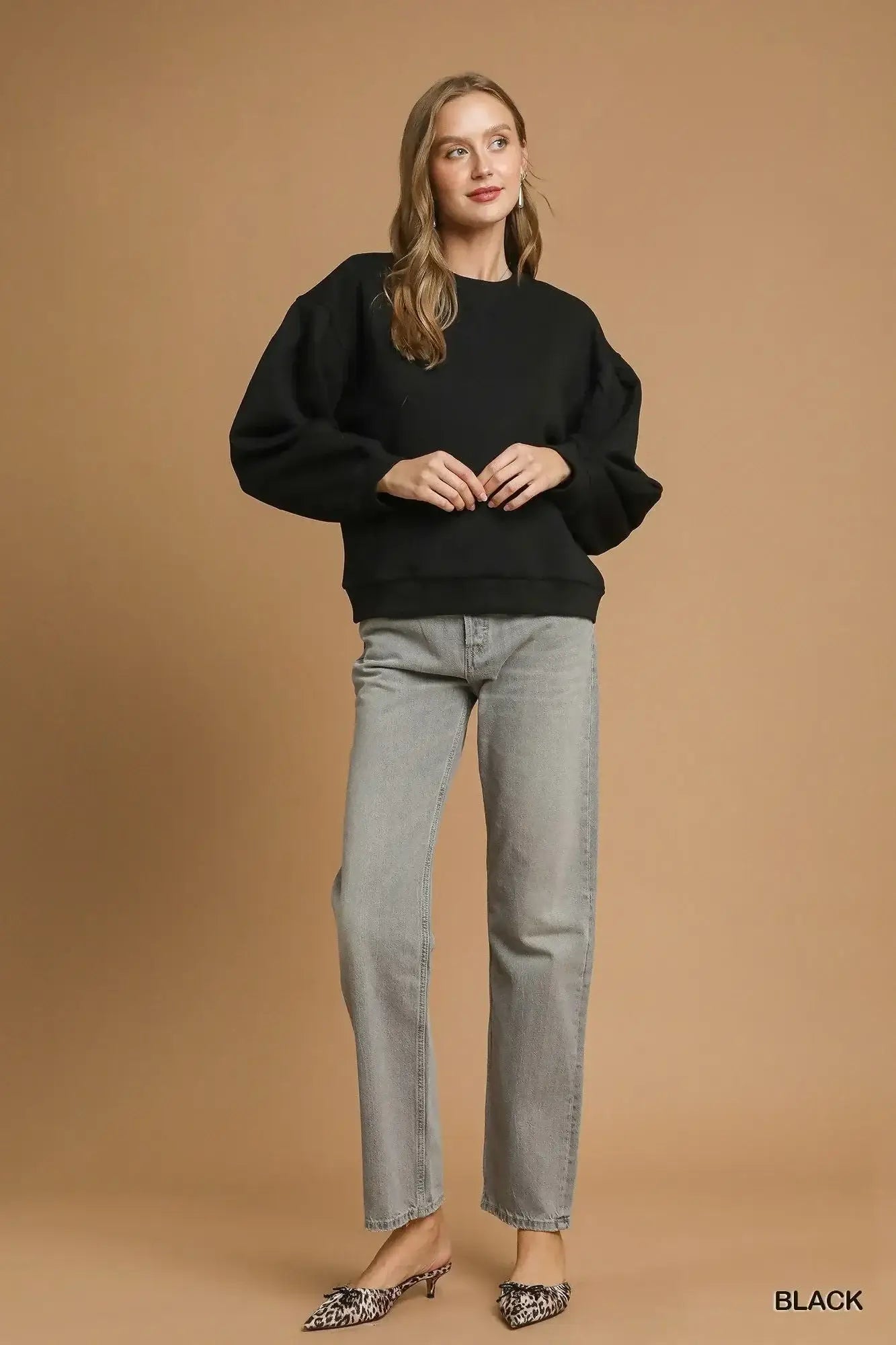 Umgee Round Neck Sweatshirt with Pleated Detail