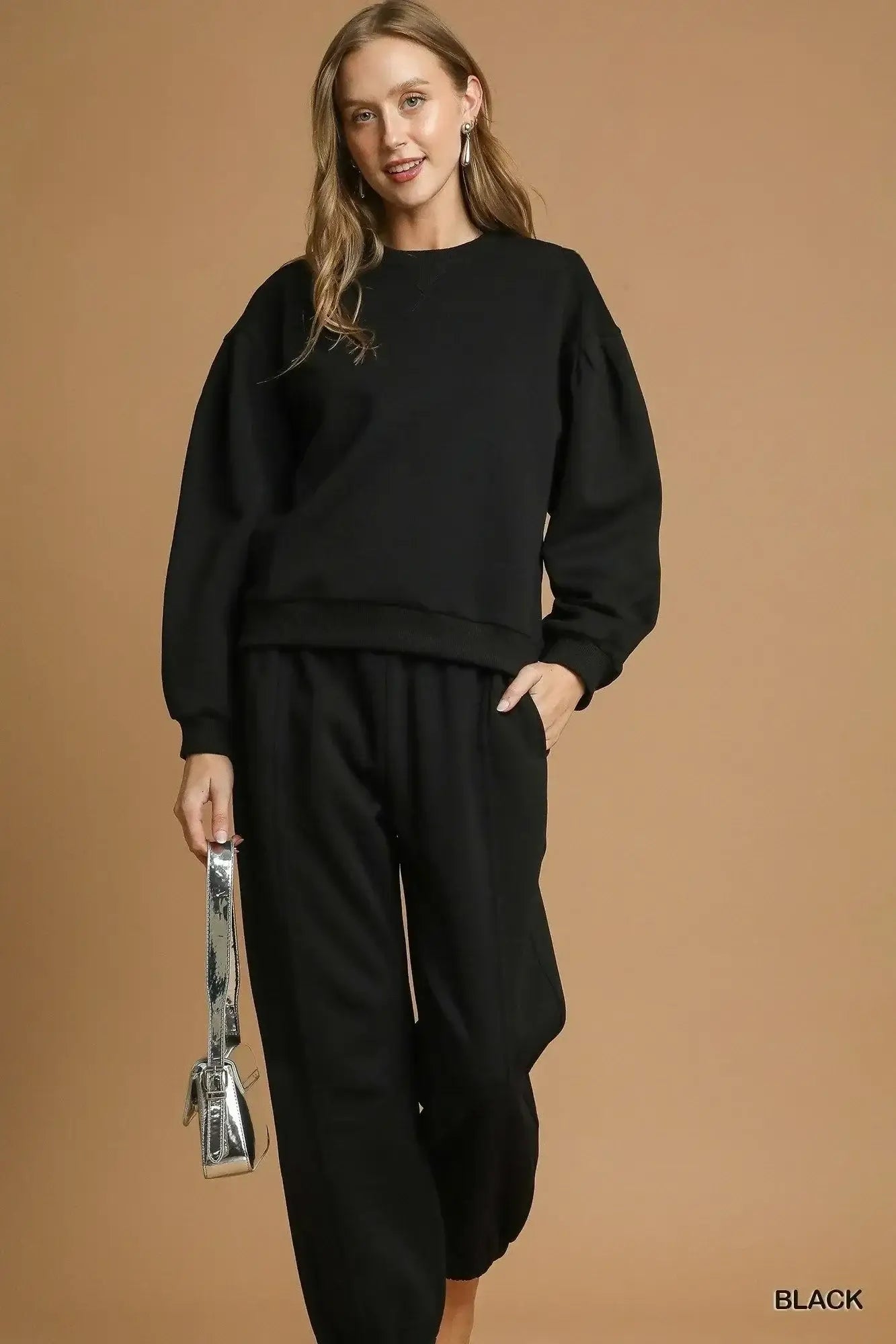 Umgee Round Neck Sweatshirt with Pleated Detail