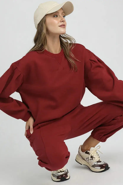Umgee Round Neck Sweatshirt with Pleated Detail