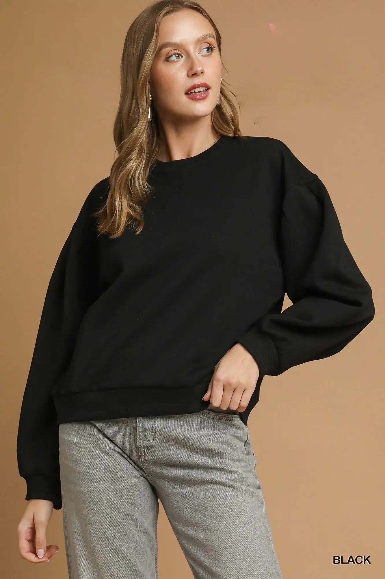 Umgee Round Neck Sweatshirt with Pleated Detail - Black / XS
