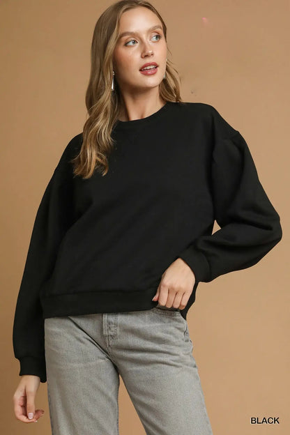 Umgee Round Neck Sweatshirt with Pleated Detail - Black / XS