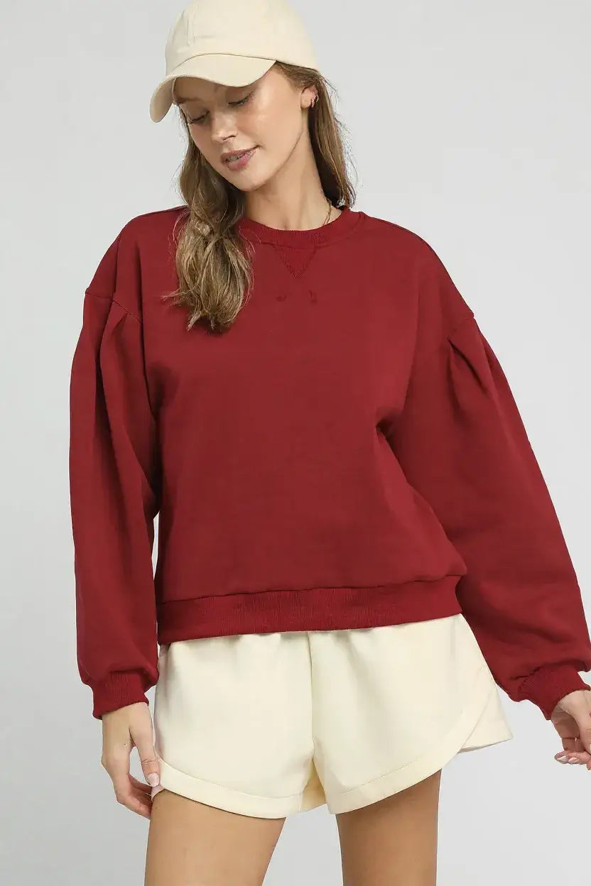 Umgee Round Neck Sweatshirt with Pleated Detail - BURGUNDY / XS