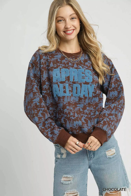 Umgee Scenic Print Cropped Sweatshirt - Chocolate / XS