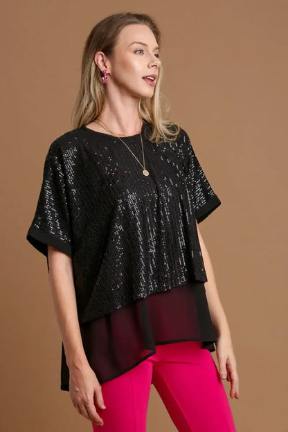 Umgee Sequin Half Sleeve Layered Blouse - Black / S
