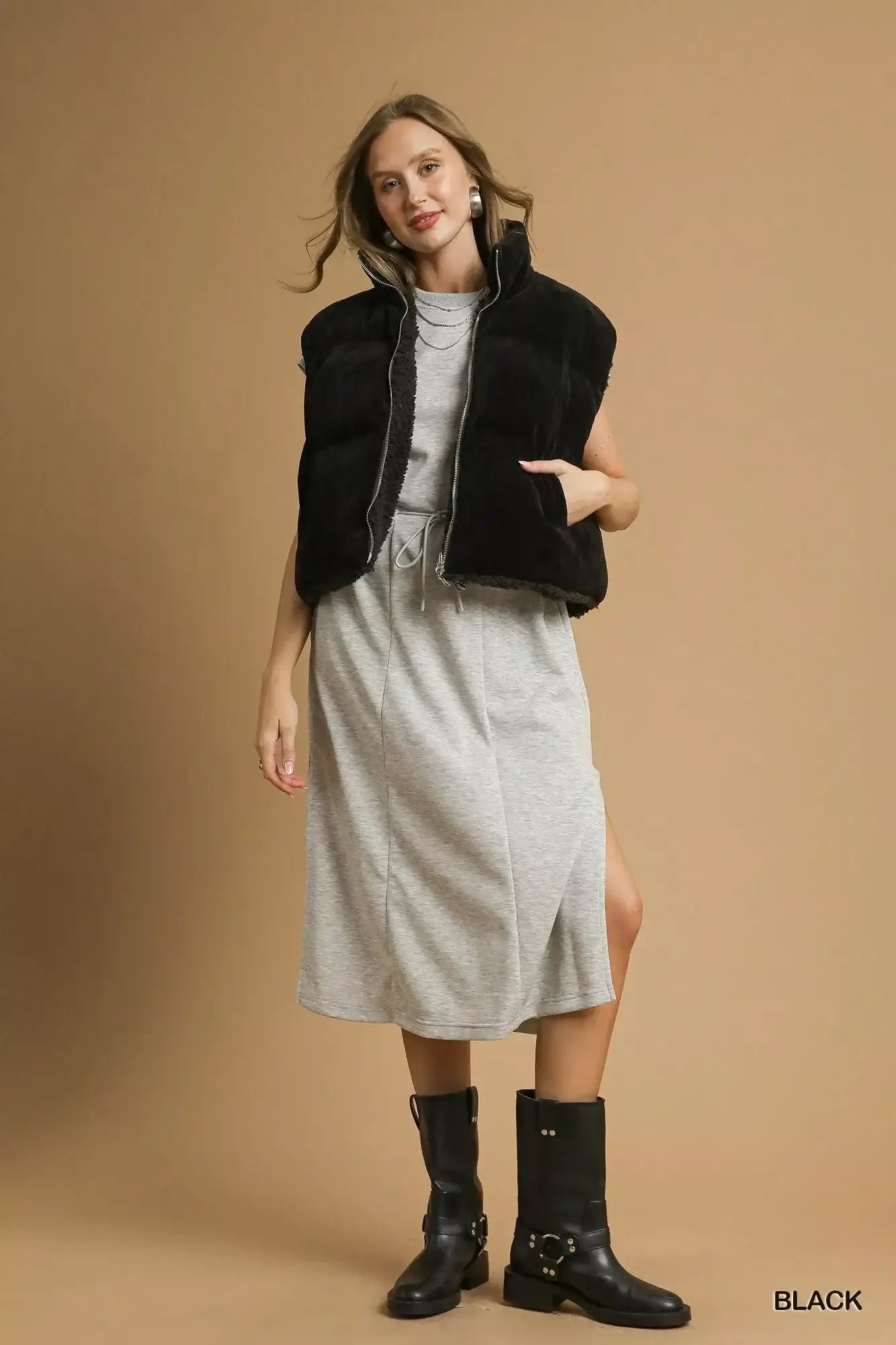 Umgee Sherpa-Lined Zip Vest with Drawstring Hem - Zip Vest with Drawstring