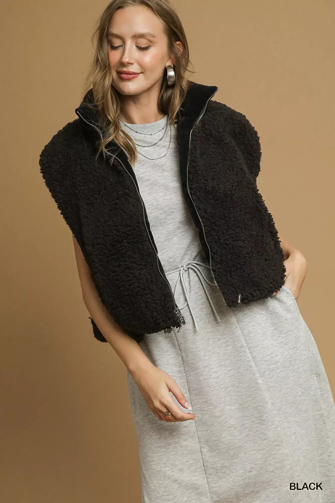 Umgee Sherpa-Lined Zip Vest with Drawstring Hem - Black / S - Zip Vest with Drawstring