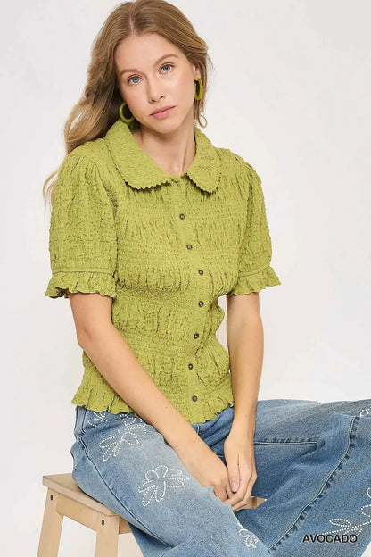 Umgee Smocked Short Sleeve Button-Front Shirt with Peter Pan Collar - AVOCADO / S