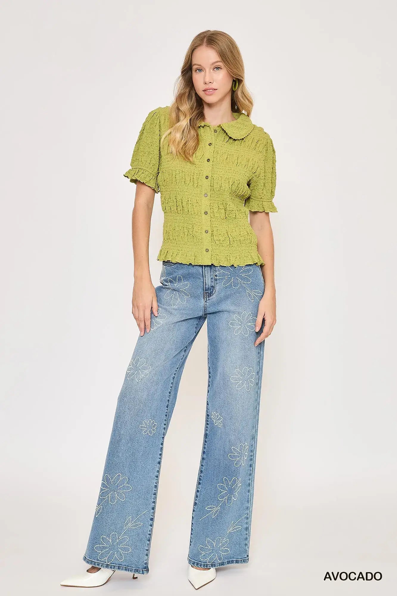 Umgee Smocked Short Sleeve Button-Front Shirt with Peter Pan Collar