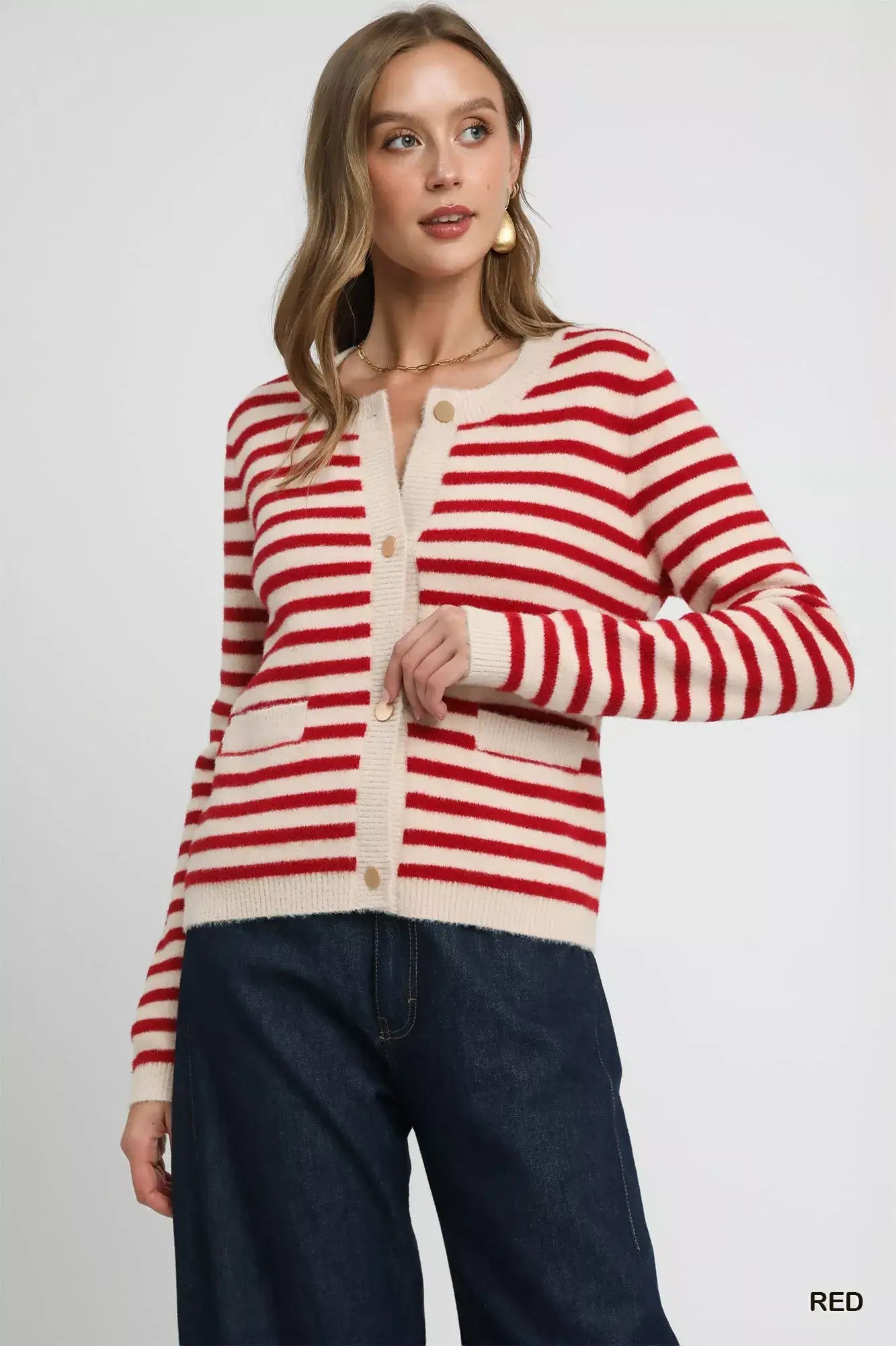 Umgee Striped Knit Button-Up Cardigan - RED / S - Knit Button-Up Cardigan