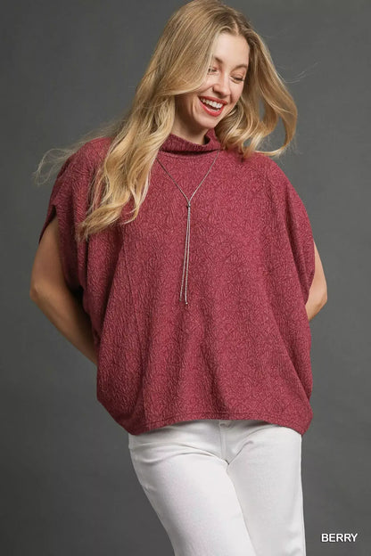 Umgee Textured Mock Neck Relaxed Top - BERRY / S - Mock Neck Relaxed Top