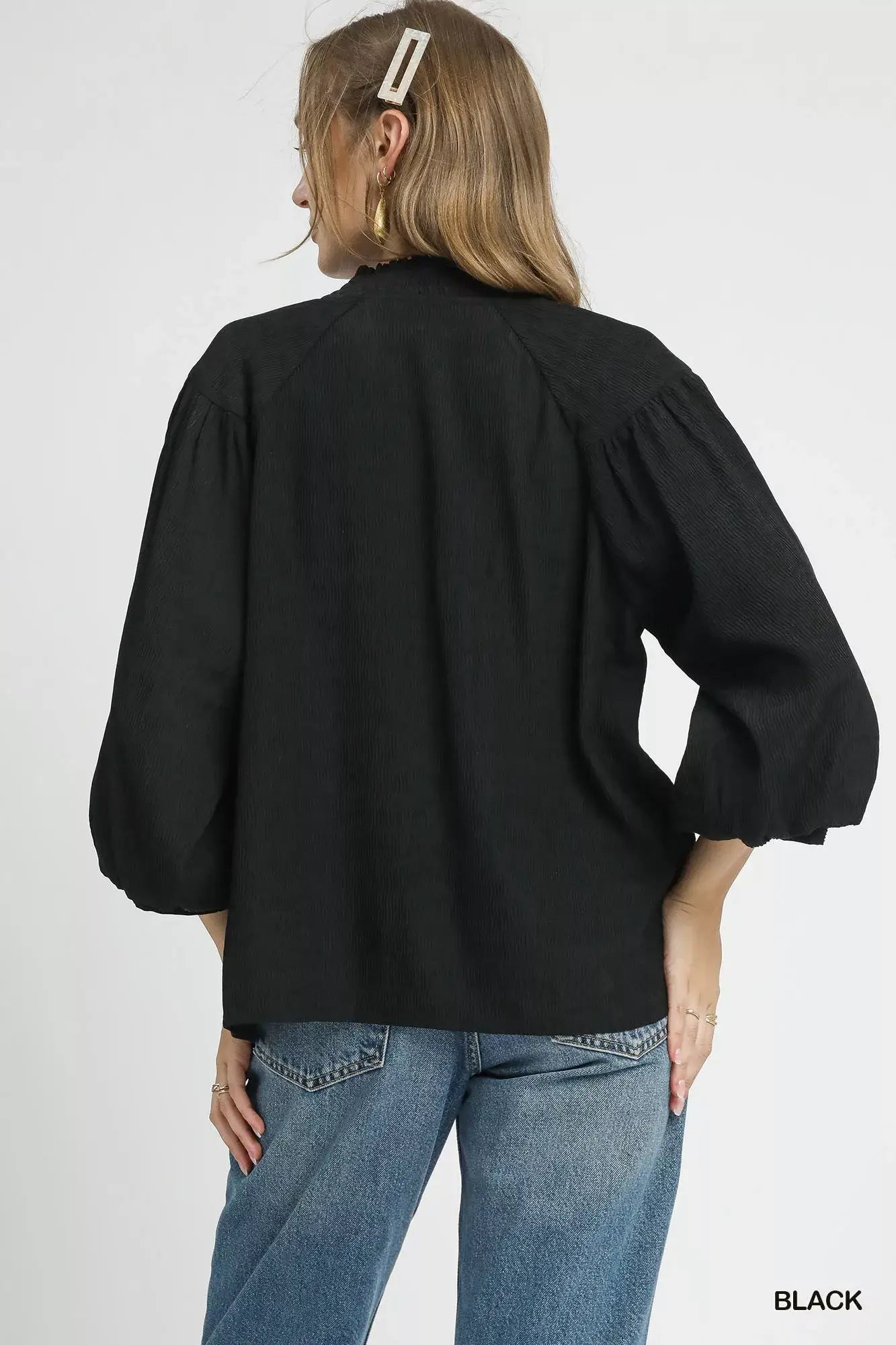 Umgee Textured V-Neck Blouse with Balloon Sleeves