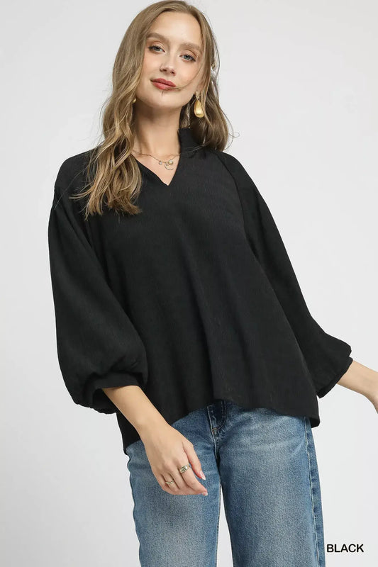 Umgee Textured V-Neck Blouse with Balloon Sleeves - Black / S