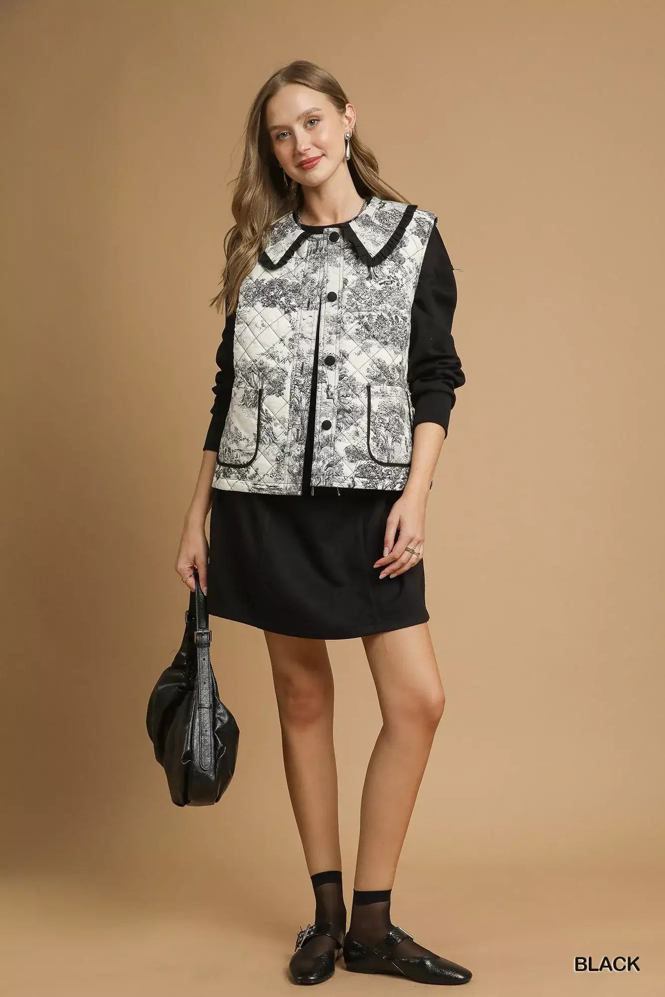 Umgee Toile Quilted Vest with Ruffle Collar