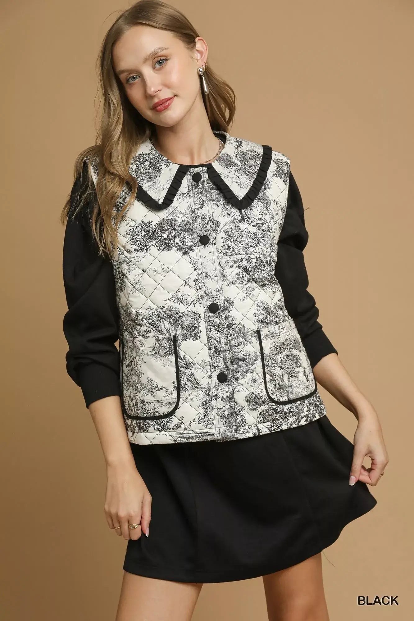 Umgee Toile Quilted Vest with Ruffle Collar