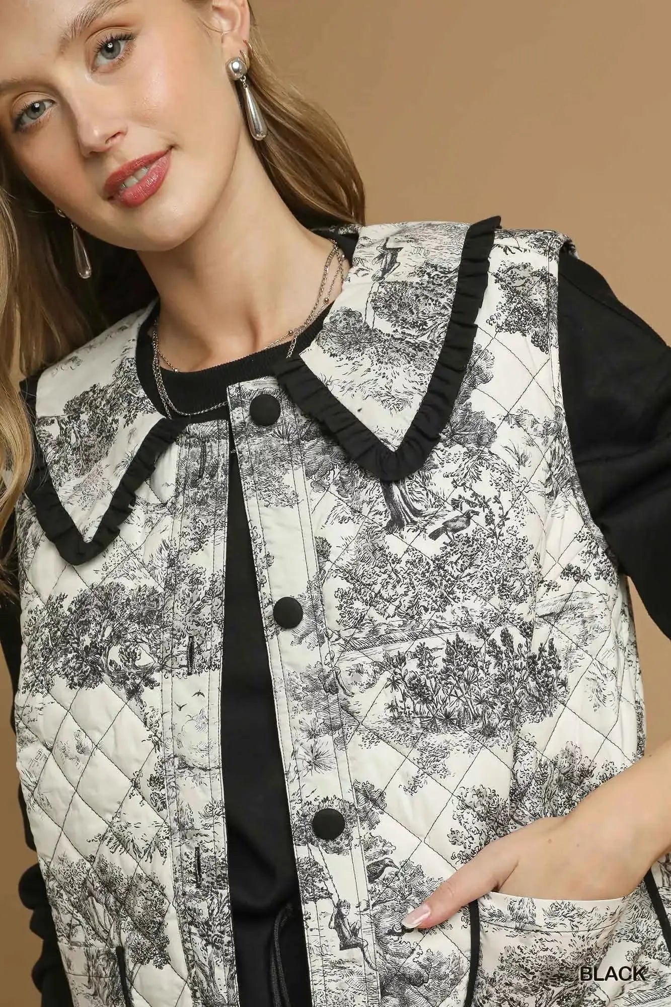 Umgee Toile Quilted Vest with Ruffle Collar