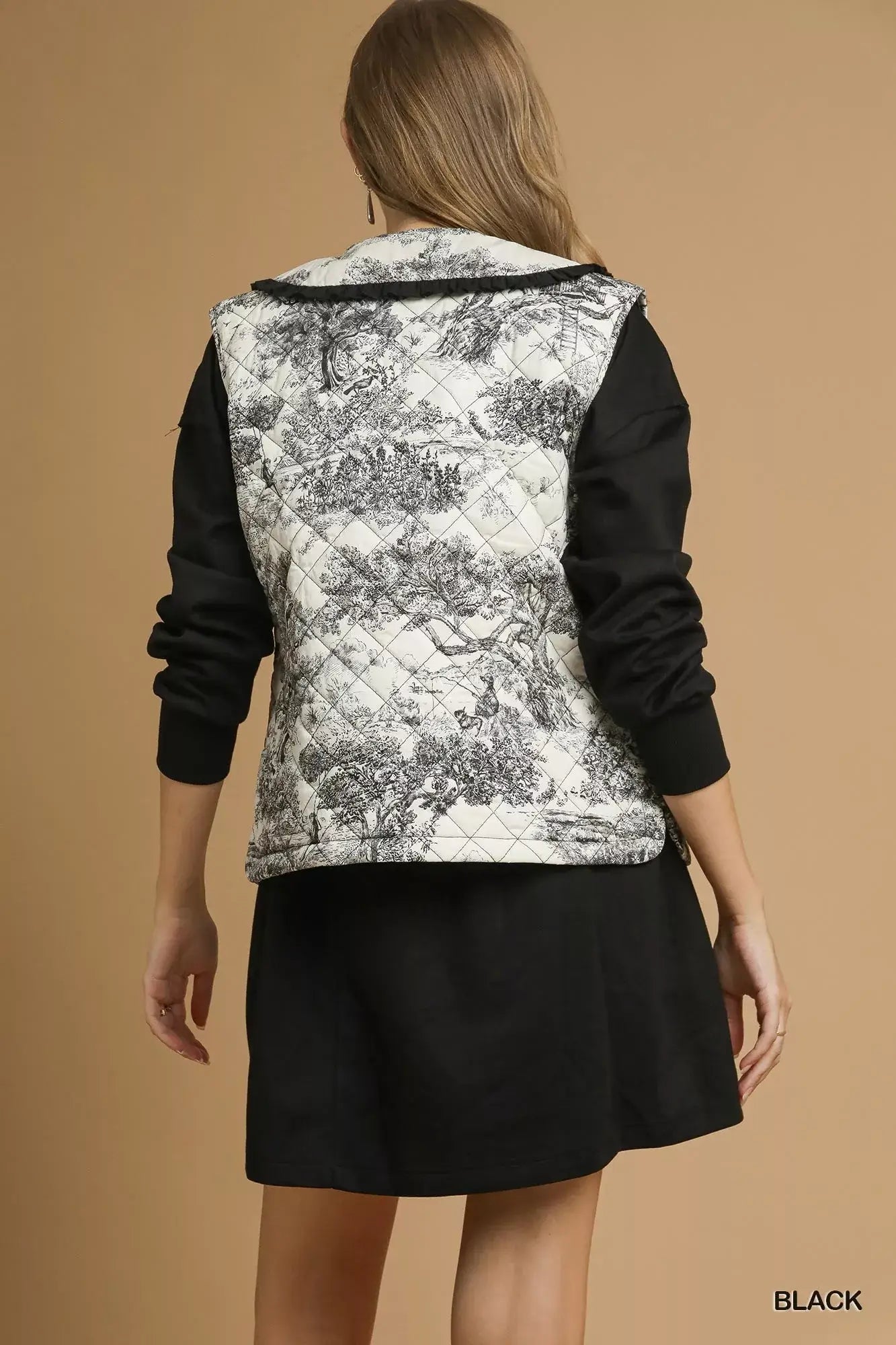 Umgee Toile Quilted Vest with Ruffle Collar