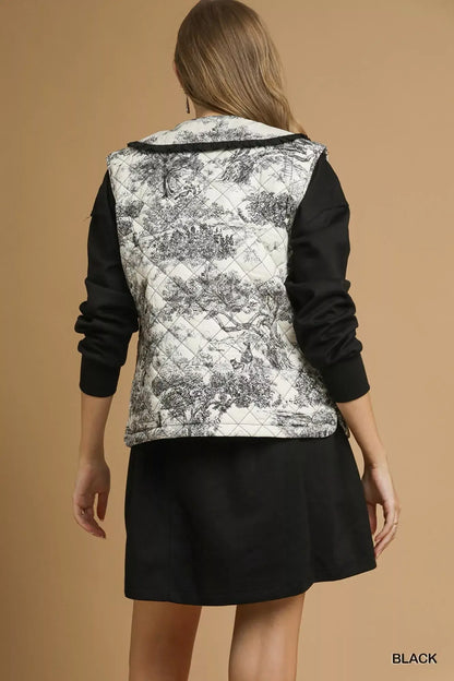 Umgee Toile Quilted Vest with Ruffle Collar