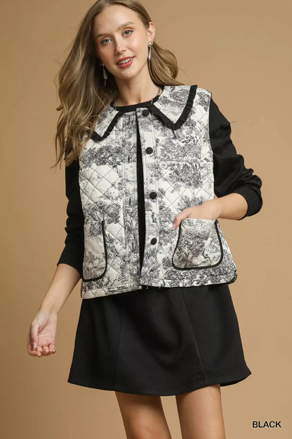 Umgee Toile Quilted Vest with Ruffle Collar - Black / S