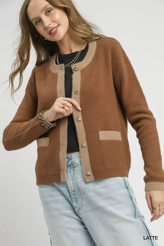 Umgee Two-Tone Button Front Cardigan - LATTE / S - Cardigan