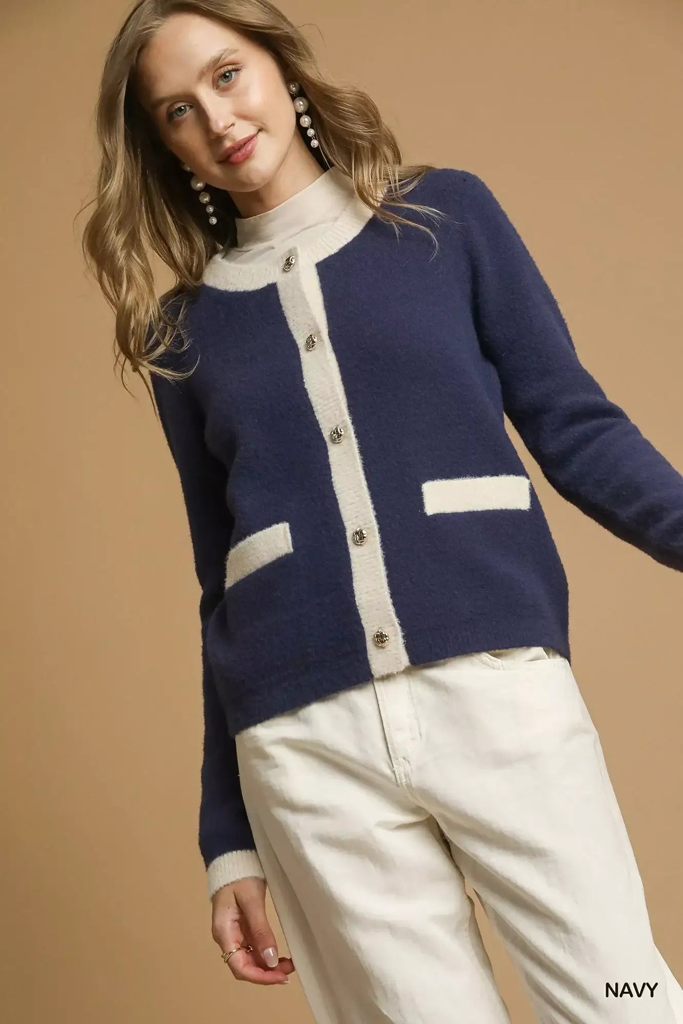 Umgee Two-Tone Button Front Cardigan - NAVY / S - Tone Button Front Cardigan