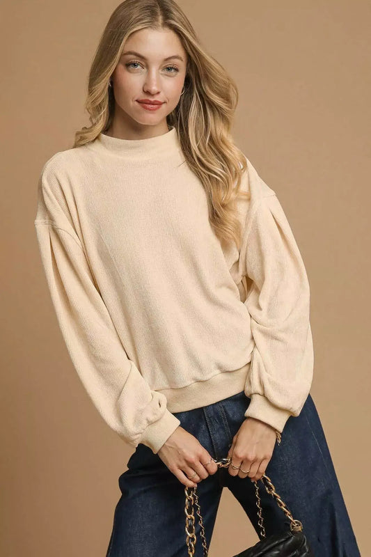 Umgee Velour Crewneck Balloon Sleeve Sweatshirt - CREAM / XS