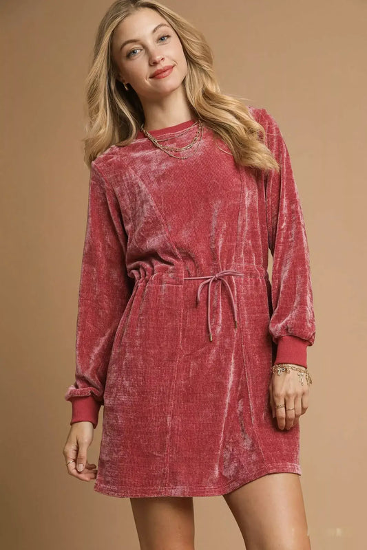Umgee Velour Drawstring Mini Dress with Long Sleeves - BURGUNDY / XS