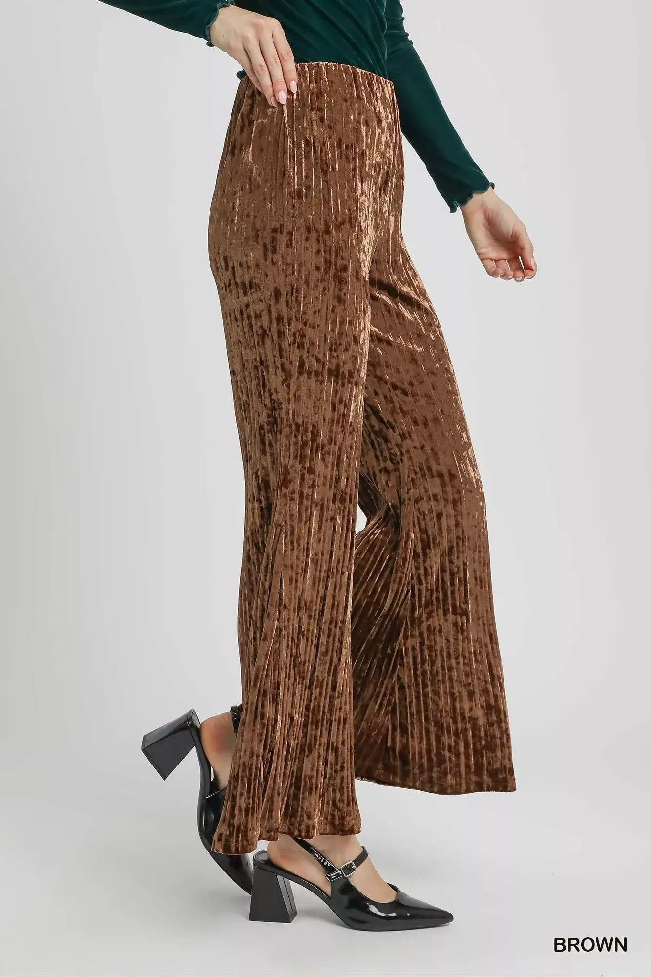 Umgee Velvet Pleated Wide Leg Pants