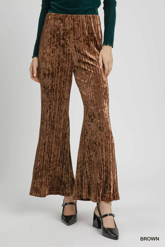 Umgee Velvet Pleated Wide Leg Pants - Brown / S