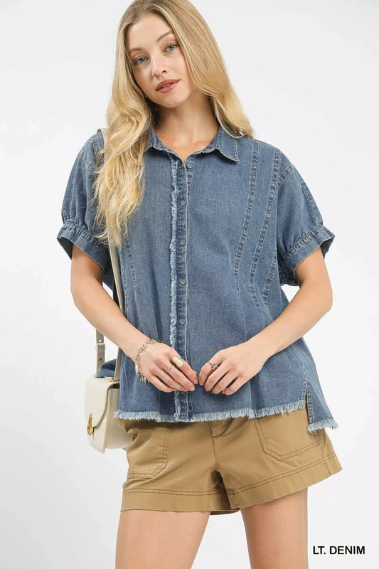Umgee Washed Denim Oversized Top - LT. DENIM / S - Denim Oversized Top