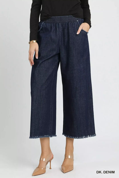 Umgee Washed Fringe Hem Wide Leg Jeans - DK. DENIM / S