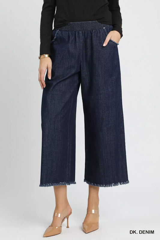 Umgee Washed Fringe Hem Wide Leg Jeans - DK. DENIM / S