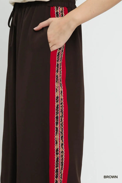 Umgee Wide Leg Pants with Contrast Side Trim - Contrast Side Trim