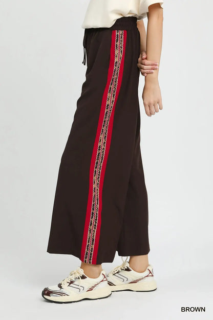 Umgee Wide Leg Pants with Contrast Side Trim - Contrast Side Trim