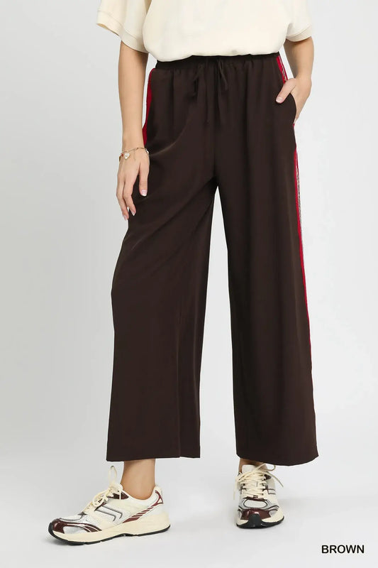 Umgee Wide Leg Pants with Contrast Side Trim - Brown / S - Contrast Side Trim
