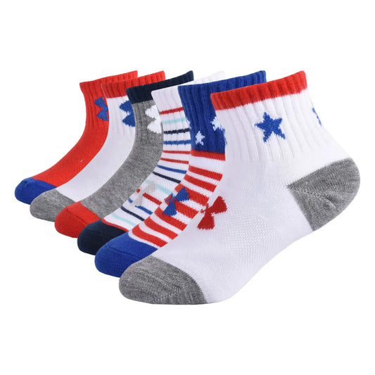 Six pairs of colorful Under Armour boys Stars and Stripes quarter socks for 2-4T